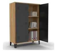 Armoire basse ESTER 2 portes métal noir et contour bois design industriel