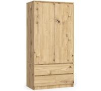 BDW Armoire à 2 portes, 4 étagères, portant, 2 tiroirs, portemanteau, tiroir, armoire pour chambre à coucher, salon, 180 x 90 x 51 cm, chêne artisanal