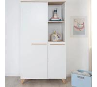 Armoire Bébé 2 Portes Et 2 Niches Ouvertes Roba - Leon - 1 Tringle Et 5 Étagères - Pieds En Bois Massif - Blanc - Chêne Othello Blanc