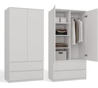 Armoire blanche, 90 cm de large, pour chambre d'enfant ou chambre à coucher. 2 tiroirs, 2 portes. Armoire moderne. Tout le nécessaire pour le montage inclus. Idéale pour ranger vêtements et jouets