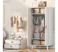 Armoire blanche à deux portes, dimensions 140x55x170 cm, en MDF, avec une barre de penderie et deux tiroirs, idéale pour une chambre d'enfant ou un dressing