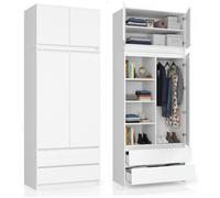 Armoire blanche avec 2 portes et 2 tiroirs, 90 x 234 cm (avec rallonge avec étagères pour le linge), pour chambre, salon, Blanc