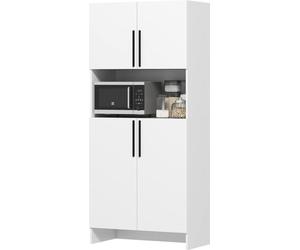 Armoire blanche de rangement, 79x40x175 cm. Meuble de cuisine, type bahut, avec espace pour micro-ondes. Charnières à fermeture douce, poignées en métal noir. Buffet de cuisine, fabriqué en panneaux d