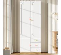 Armoire blanche laquée 80x45x200cm 2 portes tiroirs poignées céramique penderie intégrée chambre adulte enfant