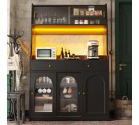 Armoire buffet de 120x40x180 cm, noire, en MDF et en panneaux de particules, avec portes en verre, éclairage LED et deux tiroirs, idéale pour la cuisine et la salle à manger