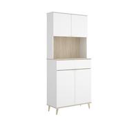 Armoire buffet de cuisine à 4 portes, 1 tiroir et 1 niche centrale, coloris blanc/naturel