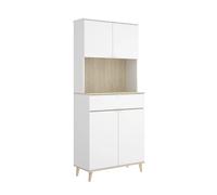 Armoire buffet de cuisine à 4 portes, 1 tiroir et 1 niche centrale, coloris blanc/naturel