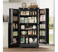 Armoire Buffet Haut de Cuisine 120x60x40 cm - Eclairage LED, Grand Rangement 2 Portes, Etagères Réglables et Porte-Epices, Noir.