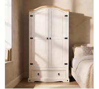 Armoire CAMPO 2 portes 1 tiroir pin massif blanc/naturel 100 x 190 x 51 cm - armoire pour vêtements avec tringle, style cottage
