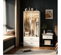 Armoire chambre avec porte vitrée et LED - Penderie blanche 2 tiroirs, éclairage capteur intelligent - style scandinave.