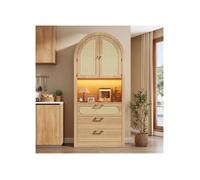 Armoire cintrée 180cm, LED couleur, portes rotin, 1 vitrine+2 étagères+3 tiroirs, pour salon/entrée, chêne clair