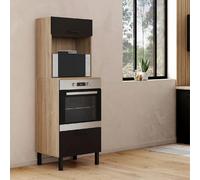 IDMarket - Armoire Colonne de Cuisine Four/Micro-Ondes 60 cm CINA 2 Portes Noir et façon hêtre