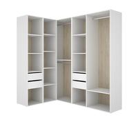 Armoire d’angle dressing ouverte avec 2 penderies, 4 tiroirs et étagères de rangement