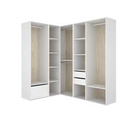 Armoire d’angle dressing ouverte avec 3 penderies, 2 tiroirs