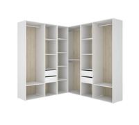Armoire d’angle dressing ouverte avec 3 penderies, 4 tiroirs et étagères de rangement