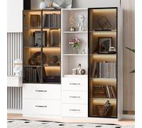 Armoire d’Vitrine Salon LED Blanc Moderne,2 Portes Verre Trempé,5 Tiroirs | 140x40x160cm,Bibliothèque,Buffet,Vaisselier,Éclairage LED,Compartiments Rangement,Grande Capacité,Pour Cuisine,Collection