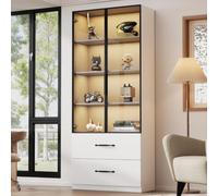 Armoire d’Vitrine Salon LED Blanc Moderne,2 Portes Verre Trempé,Tiroirs | 60x40x160cm,Bibliothèque,Buffet,Vaisselier,Éclairage LED,4 Compartiments Rangement,Grande Capacité,Pour Cuisine,Collection