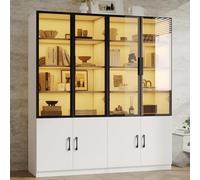 Armoire d’Vitrine Salon LED Blanc Moderne avec 2 Porte Vitrée,8 Étagères | 120x40x160cm,Bibliothèque,Buffet,Vaisselier,Éclairage LED,Compartiments Rangement,Grande Capacité,Pour Cuisine,Collection