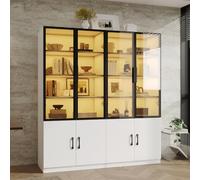 Armoire d’Vitrine Salon LED Blanc Moderne avec Porte Vitrée,4 Étagères | 60x40x160cm,Bibliothèque,Buffet,Vaisselier,Éclairage LED,Compartiments Rangement,Grande Capacité,Pour Cuisine,Collection