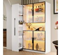 Armoire d’Vitrine Salon LED Blanc Moderne,Porte Vitrée,Étagère Coulissante | 110x35x160cm,Bibliothèque,Buffet,Vaisselier,Armoire à vin,4 Compartiments,Étagère Ouverte Hauteur Moyenne,Cuisine,Collection