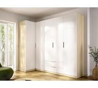 Armoire d'angle 5 portes 2 tiroirs - L234cm - Blanc et naturel clair - KALONY