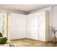 Armoire d'angle 7 portes 2 tiroirs - L325cm - Blanc et naturel clair - KALONY
