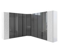 Armoire d'angle blanche et noire, style moderne, façades en verre, portes en bois et verre, neuve