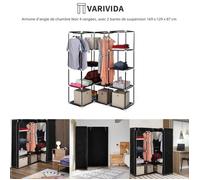 Armoire d'angle de chambre VARIVIDA Noir 4 rangées avec 2 barres de suspension