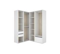 Armoire d'angle dressing ouvert avec 2 penderies, 2 tiroirs, et 1 porte chaussures