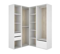 Armoire d'angle dressing ouvert avec 2 penderies, 2 tiroirs, et 1 porte chaussures