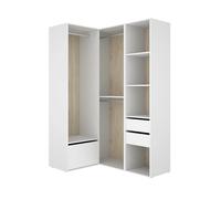 Armoire d'angle dressing ouverte avec 2 penderies, 4 étagères et 1 porte chaussures