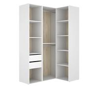 Armoire d'angle dressing ouverte avec penderie avec tringle, 9 étagères et 2 tiroirs