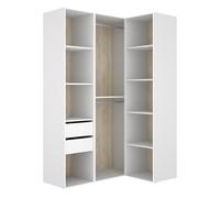 Armoire d'angle dressing ouverte avec penderie avec tringle, 9 étagères et 2 tiroirs, coloris blanc/naturel