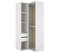 Armoire d'angle dressing ouverte avec penderie de 2 tringles, 4 étagères et 2 tiroirs