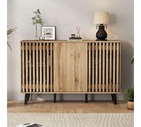 Armoire d'appoint - 150 x 40 x 95 cm, couleur bois - 3 portes (dont 2 vitrées) et 6 étagères - Stabilité assurée par 6 points d'ancrage