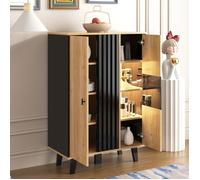 Armoire D'Appoint Contemporaine 80x120x40cm - Vitrine avec Bandes DéCoratives et éClairage Led, Sideboard, Noir et Bois