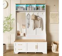 Armoire de 187 x 120 x 40 cm, avec éclairage LED, miroir, crochets et tiroirs. Meuble d'entrée et à chaussures moderne, avec banc intégré et espace de rangement, de couleur blanche et bois