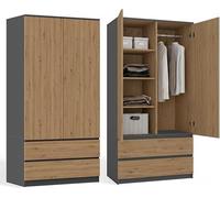 Armoire de 90 cm de large, armoire pour enfants, armoire à deux portes, 2 tiroirs, 3 étagères, une barre de penderie, chambre à coucher, panneau stratifié de 16 mm, meuble polyvalent en chêne artisan/
