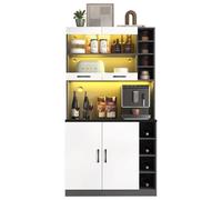 Armoire de buffet pour cuisine - Meuble haut autoportant - Éclairage LED - Grand compartiment pour micro-ondes - Espace de rangement modulable - Orifices pour câbles - Gris clair