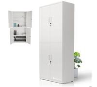 Juskys Armoire de Bureau en métal 180x80x40 cm - Armoire verrouillable en Acier avec 2 Portes, 3 étagères réglables & Pieds Ajustables - Blanc