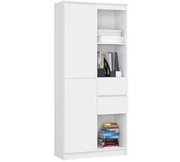 AKORD Bibliothèque R15-80 cm - 2 Portes, 2 Tiroirs, 7 Étagères - Meuble Bibliothèque Rangement Livres - Meuble Polyvalent pour Bureau et Chambre - 80 x 180 x 35 cm - Blanc