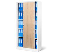 Jan Nowak Armoire de Bureau SD001 Armoire Métallique à Portes coulissantes tôle d'acier étagères revêtement en Poudre verrouillable 185 cm x 90 cm x 40 cm (Blanc/Imitation Bois)