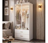 Armoire de Chambre 100x50x185cm | Éclairage LED à Détection | Grand Rangement 2 Tiroirs & Tringle | Dressing Blanc | Verre Trempé