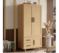 Armoire de Chambre - 80x52x166cm - 2 Tiroirs de Rangement Coulissants - Grand Dressing Design Bohème en Rotin Tissé XL