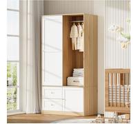 Armoire de chambre à porte coulissante avec penderie, tiroirs et rangements, blanc et décor bois, 90 x 50 x 180 cm