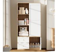 Armoire de chambre blanc et bois 90x50x180cm portes coulissantes multifonction penderie tiroirs rangement vêtements