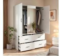 Armoire de Chambre Blanche avec 2 Portes 4 Tiroirs, Armoire Penderie avec Miroir, Armoire Dressing Rangement Modern, 130x52x182cm