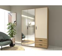 Armoire de chambre - MOKKARO - Décor Chêne et sable - 3 portes battantes - 2 tiroirs - 2 miroirs - L144,4 x P52,7 x H200cm