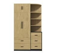 Armoire de chambre noir bois naturel 110x40x186cm 2 portes vitrées tringle 5 tiroirs grand meuble rangement dressing