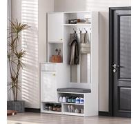 Armoire de couloir avec banc et tiroirs - Armoire 6 en 1 avec miroir et paroi perforée - Commode couloir en blanc - Armoire à chaussures avec banc pour entrée étroite, avec sécurité anti-basculement
